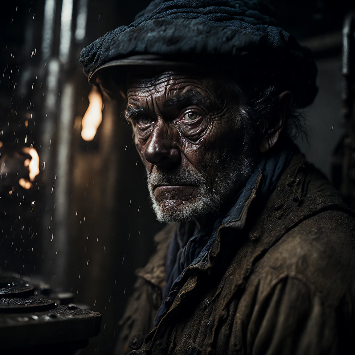 macro crisp quality, wet plate photograph close up of factory worker in Victorian era boiler room, rough skin, sad eyes, sparkles, age , coal dust in the air, unreal engine, UE5,  cinematic, very detailed, sony A7iii, 85mm prime, f/1.8, octane render + hyper realistic, Photograph