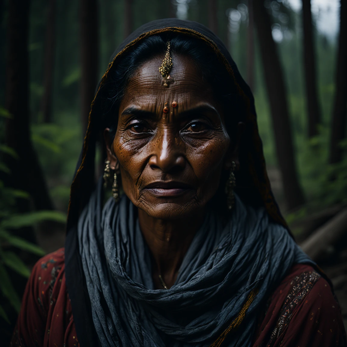 portrait oF an indian village woman in Forest in Himachal pradesh, clear Facial Features, cinématique, objectif 35 mm, F/1.8, éclairage d&#39;accentuation, Illumination globale