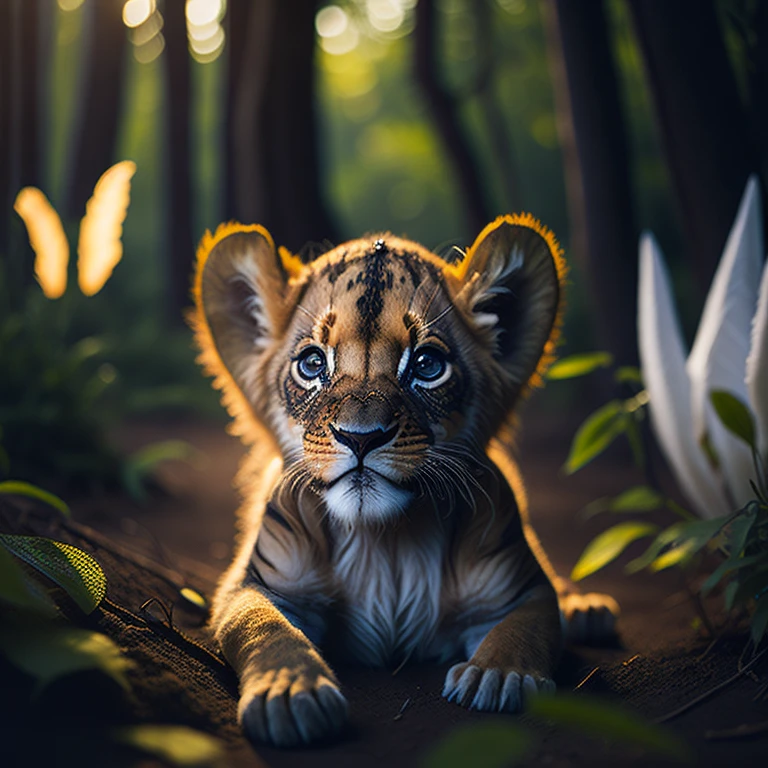 award winning portrait of a happy lion cub in the forest floor, bright beautiful eyes, looking at a backlit butterfly, furry, bokeh, backlit, octane, unreal, epic composition