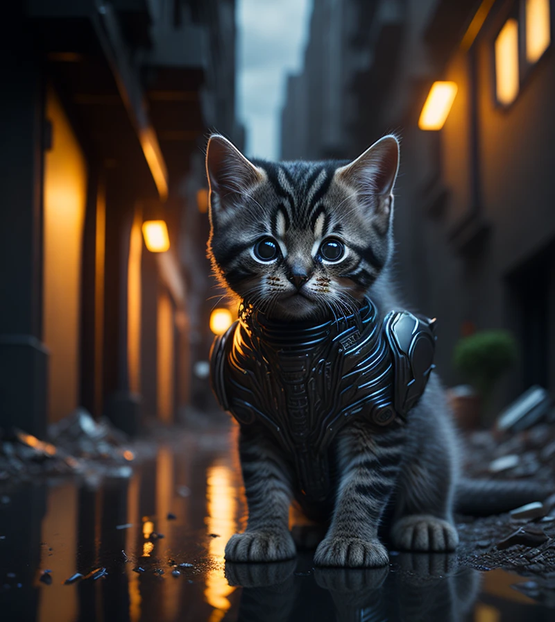 (ultra photoréaliste:1.3) image d&#39;un chaton mignon avec une armure de science-fiction, walking in an alley of an ville apocalyptique, désolé, RTX, reflets, éclairage cinématographique, octane, 8k, meilleure qualité, chef-d&#39;œuvre, illustration, ville apocalyptique, détruit, feu, débris, Brouillard, dequeueed skin, Tout le corps, Beaux yeux, quelques lumières électriques, enseigne au néon, Jour de pluie, art par H. r. Giger, queue