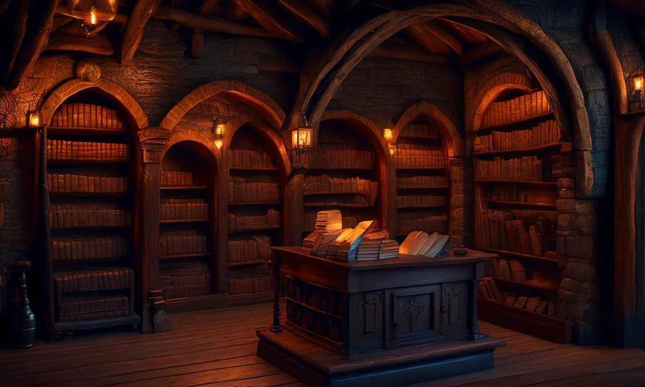 (ضيقه) مكتبة قديمة من العصور الوسطى المظلمة, شمعة مضاءة, مكتبة خشبية, مكتبة صغيرة, مكتبة في الليل, (سقف منخفض), أرضية خشبية داكنة, أثاث ريفي, خوخه طمس, ((القرن ال 15)), وقت الليل, واقعية مفرطة, واقعية, المدفأة