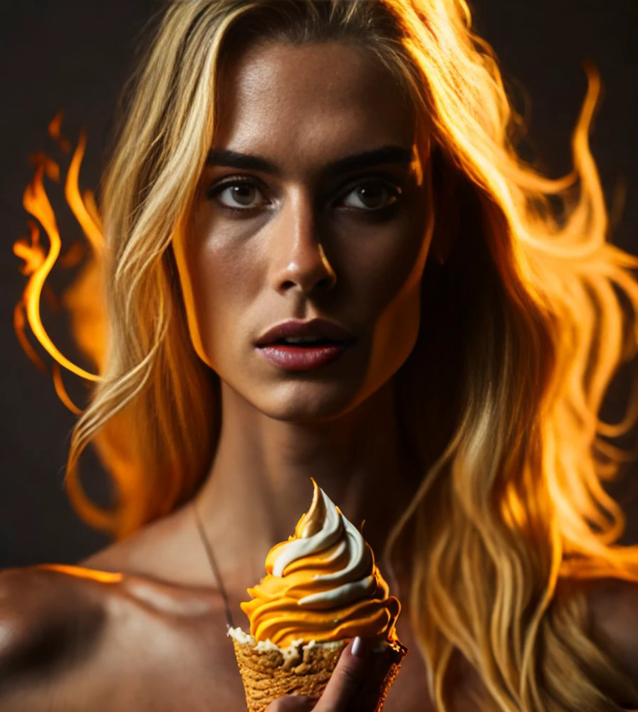 A close up of a woman holding a cupcake with flames in the background ...