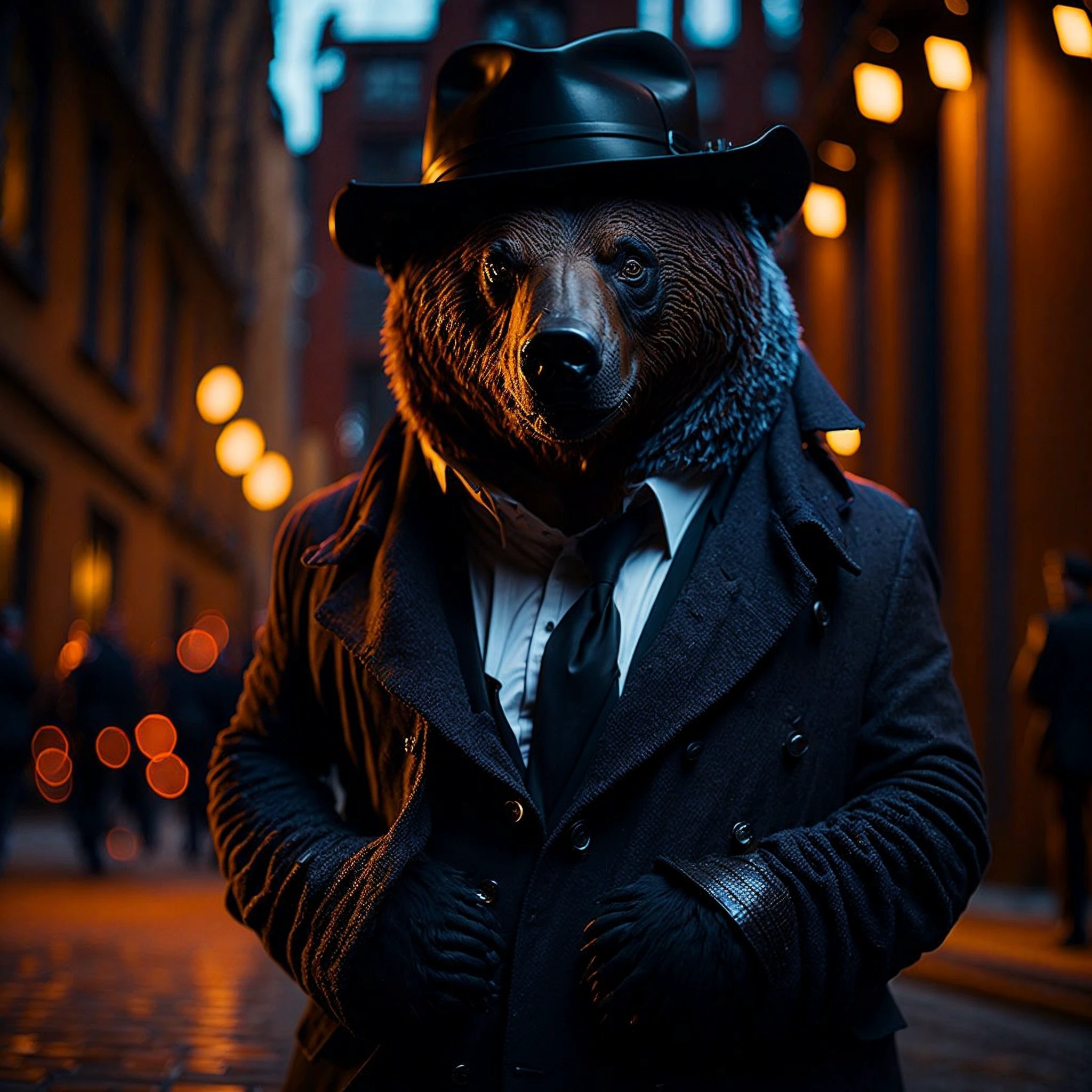 retrato premiado de un oso vestido como agente secreto, en la plaza roja, bokeh, Retroiluminado