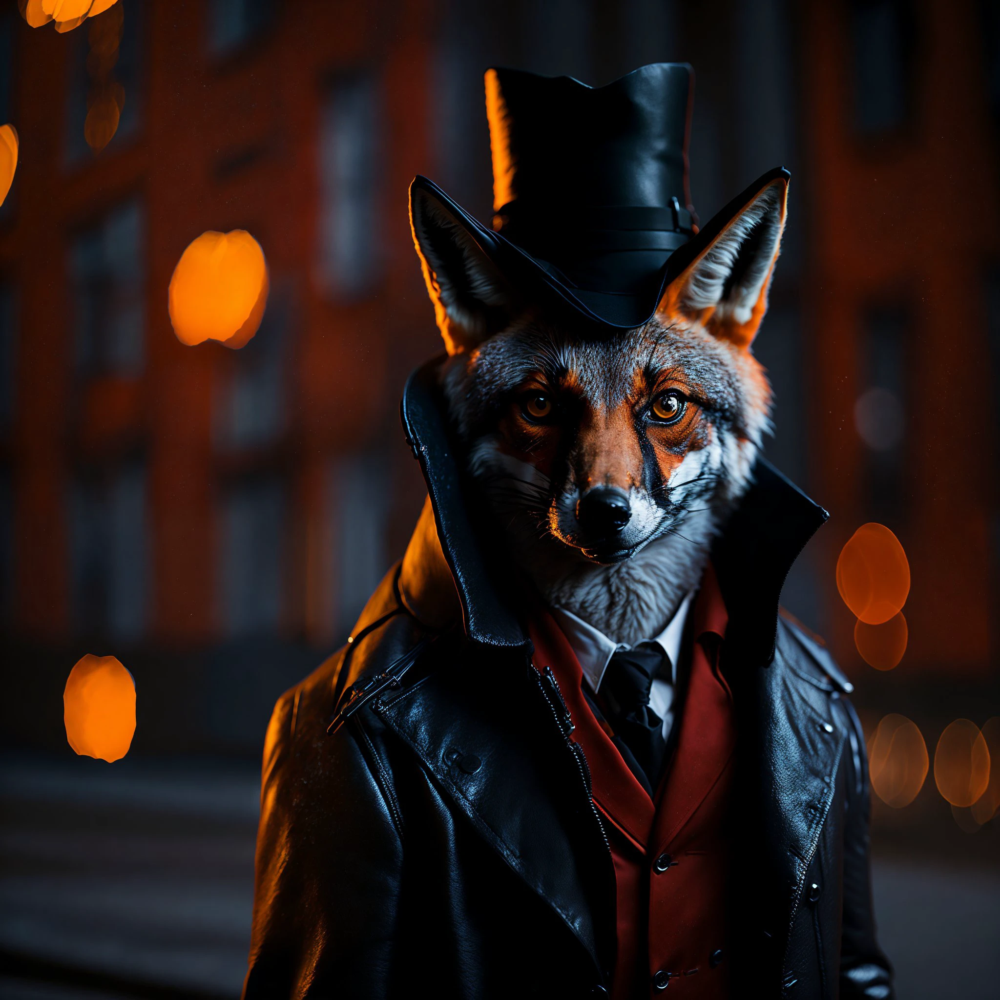 preisgekröntes Porträt eines Fuchses, der als Geheimagent verkleidet ist, auf dem Roten Platz, bokeh, Hintergrundbeleuchtung