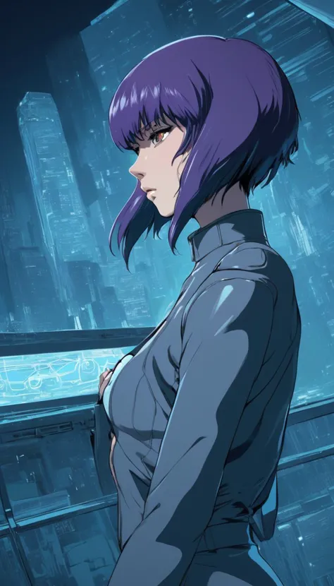 Cinematic scene, Kusanagi Motoko, Ghost in the Shell, detailed background, masterpiece, best quality, high quality, highres, absurdres (Anime Scene, Toonshading, Satoshi Kon, Ken Sugimori, Hiromu Arakawa:1.2), (Anime Style, Manga Style:1.3), Low detail, sketch, concept art, line art, webtoon, manhua, hand drawn, defined lines, simple shades, minimalistic, High contrast, Linear compositions, Scalable artwork, Digital art, High Contrast Shadows, glow effects, humorous illustration, big depth of field, Masterpiece, colors, concept art, trending on artstation, Vivid colors, dramatic