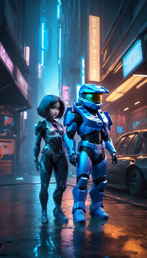 Two people, chibi Cortana and chibi Master Chief in a cinematic action shot, kawaii toy dolls, chibi, picture, HDR colours, cyberpunk cityscape in the background, cyberpunk surroundings, futuristic cyberpunk art style, raw photo, detailed, intricate, multicolor neon lights,  night time, water reflections, dark atmosphere (Extremely Detailed Oil Painting:1.2), glow effects, godrays, Hand drawn, render, 8k, octane render, cinema 4d, blender, dark, atmospheric 4k ultra detailed, cinematic sensual, Sharp focus, humorous illustration, big depth of field, Masterpiece, colors, 3d octane render, 4k, concept art, trending on artstation, hyperrealistic, Vivid colors, extremely detailed CG unity 8k wallpaper, trending on ArtStation, trending on CGSociety, Intricate, High Detail, dramatic, absurdes