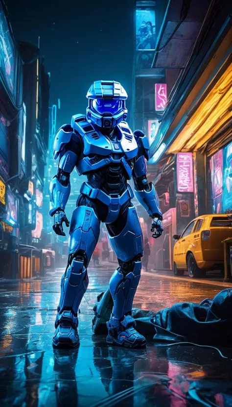 Fotografía profesional escénica de toma larga de dos personas., Chibi Cortana y Chibi Master Chief en una toma cinematográfica de acción., muñecas de juguete kawaii, chibi, imagen, hdr colours, paisaje urbano ciberpunk en el fondo, cyberpunk surroundings, estilo de arte futurista cyberpunk, foto cruda, detallado, Intrincado, luces de neón multicolores, Noche, reflejos en el agua, atmósfera oscura punto de vista perfecto, highly detallado, Lente gran angular, Híper realista, con cielo dramático, filtro polarizador, iluminación natural, colores vívidos, todo en foco, hdr, HD, k