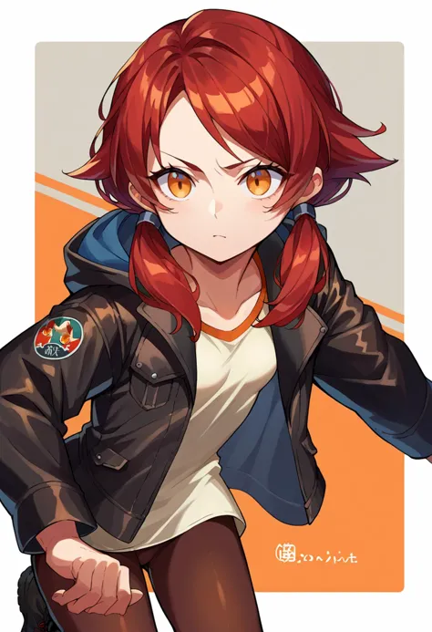 <lora:Tonami_Kanji_Style_Pony_XL:0.9>, score_9, score_8_up, score_7_up, source_anime,, solo, 1girl, red hair, orange eyes, amber eyes, tsurime, swept bangs, parted bangs, low twintails, short hair, medium hair, small breasts,, leggings, leather jacket, long shirt, combat boots, hoodie,