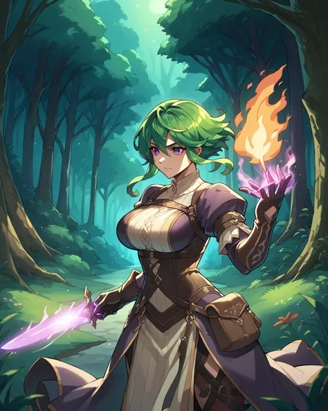 score_9, score_8_up, score_7_up, score_6_up,1girl, large breasts, caplet, breastplate, leather gloves, silk harness, long flaming green hair, purple eyes, holding glowing sword, magic, fantasy, fantasy background, outdoors, night, forest, ambient lighting, drawn in the artstyle of <lora:Tonami_Kanji_Style_Pony_XL:1>