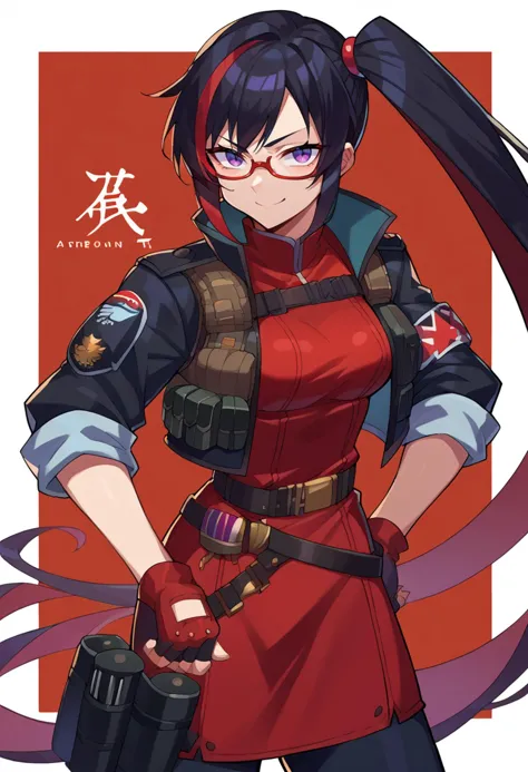 <lora:Tonami_Kanji_Style_Pony_XL:0.9>, score_9, score_8_up, score_7_up, source_anime,, solo, smug smile, 
1girl, purple eyes, red-framed eyewear, black hair, red colored tips, red streaked hair, very long hair, side ponytail, tied hair, medium breasts, red colored tips,, jacket on shoulders,red dress, sleeves rolled up, fingerless gloves, holster, belt, multiple belts, combat boots, bulletproof vest, pants, black coat, tactical clothes,