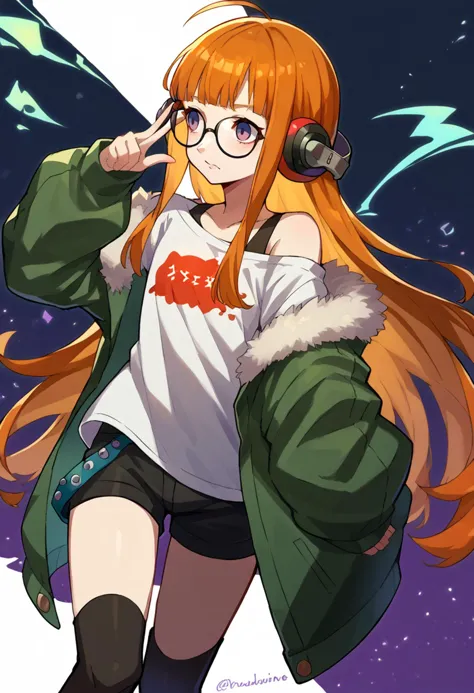 smile, finger gun,  <lora:Tonami_Kanji_Style_Pony_XL:0.9>   <lora:zs_FutabaXL:0.8> futabadef, orange hair, long hair, blunt bangs, glasses, ahoge, purple eyes, behind-the-head headphones, white shirt, green fur-trimmed jacket, off shoulder jacket, black shorts, black thighhighs, black knee boots,, score_9, score_8_up, score_7_up, source_anime,