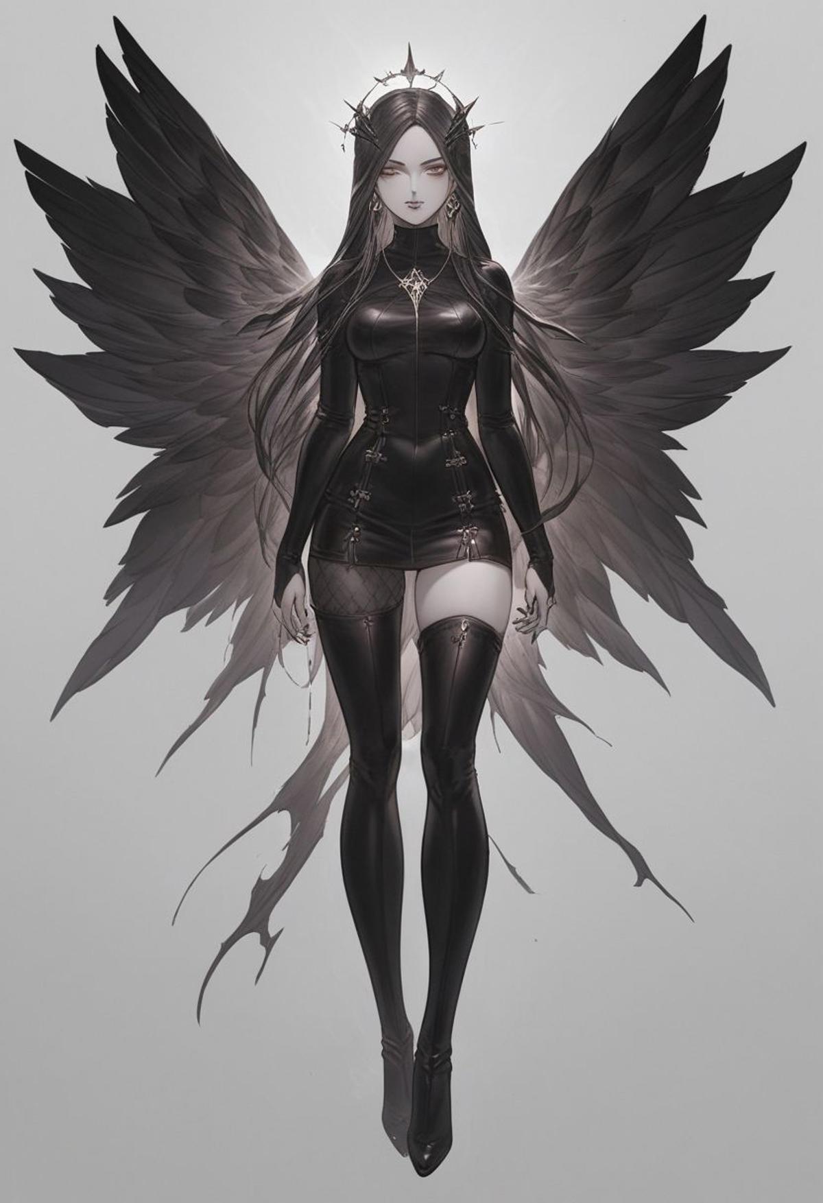 A black and white photo of a woman with wings - SeaArt AI