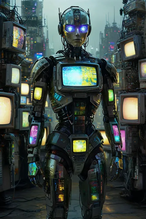 made out of old CRT screens, High-quality digital art, blending fantasy and reality, an artificial intelligence (AI) robot with ...