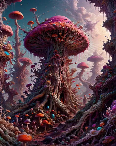 a painting of a forest with lots of mushrooms and trees