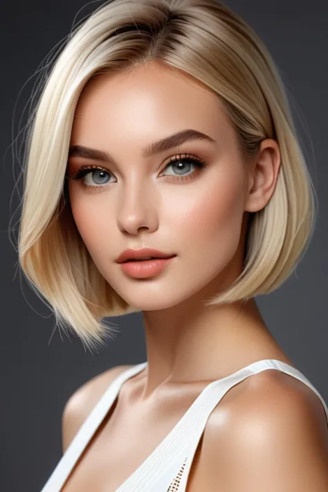 Russian girl, blonde, bob hairstyle, gray eyes, narrow lips, long nose, wide cheekbones, natural skin texture, naturalism, hyper...