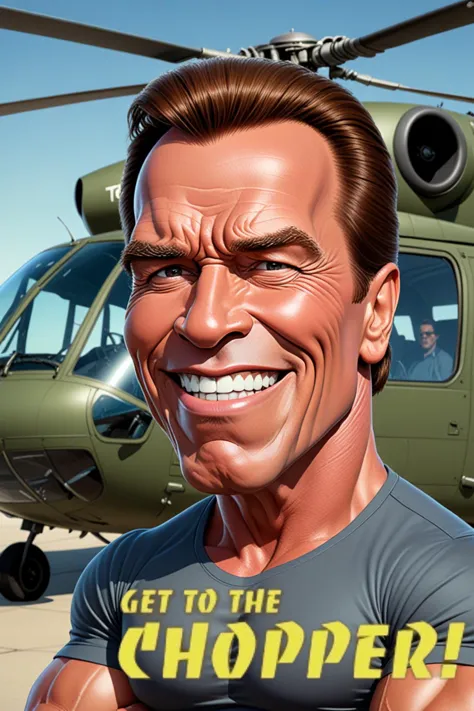 Cartoon style, (wording says "GET TO THE CHOPPER"), (oversized facial features:1.4), (caricature:1.4) of Arnold Schwarzenegger w...