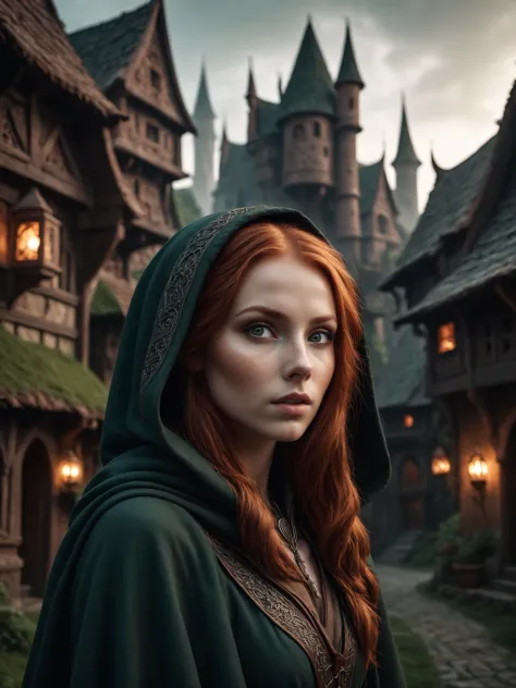 cinematic raw photography of adorable redhead european girl in cinematic intricate fantasy village with tall buildings, textured...