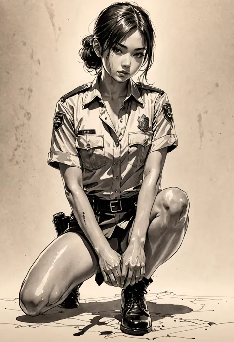 Japanese Ink Drawing, 1girl in 20s,solo, squatting, (spread legs:1.3), unbuttoned police shirt, sweaty, suggestive pose, cinemat...