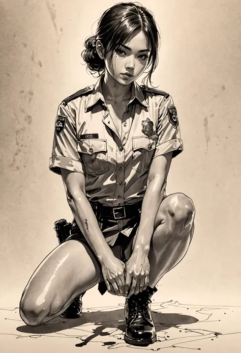 a woman in uniform kneeling down with a knife in her hand