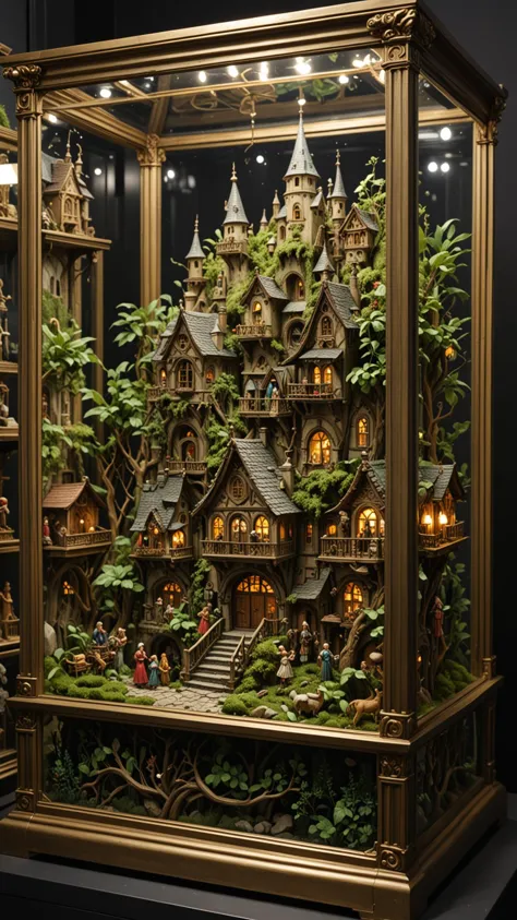 A truly enchanting and magical Ornament in a glass Box display unit, Stood in New York City, busy city street, winning photo, High Budget Hollywood movie film prop, masterpiece, intricate detail, absurd res, 4k, EPIC, <lora:3D_Framed_Wall_Art_-_By_DICE:0.6>, (3D Framed, Green Lush Village), UHD