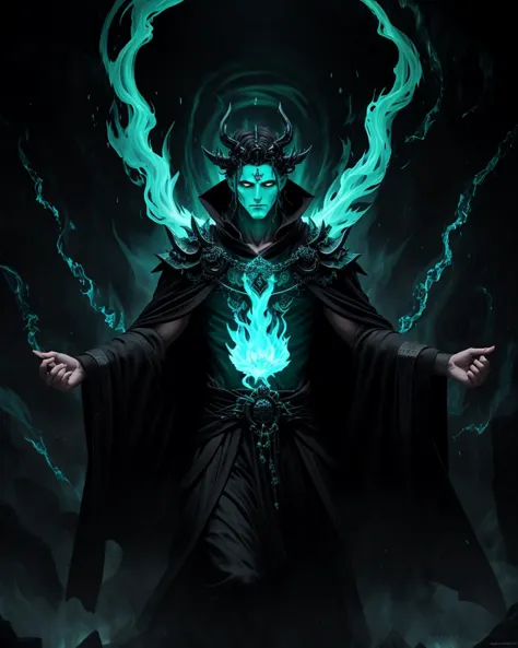 Hades, ethereal entity, Ancient god, god of the underworld, green flame, burning river, black runic robe, underworld background,...