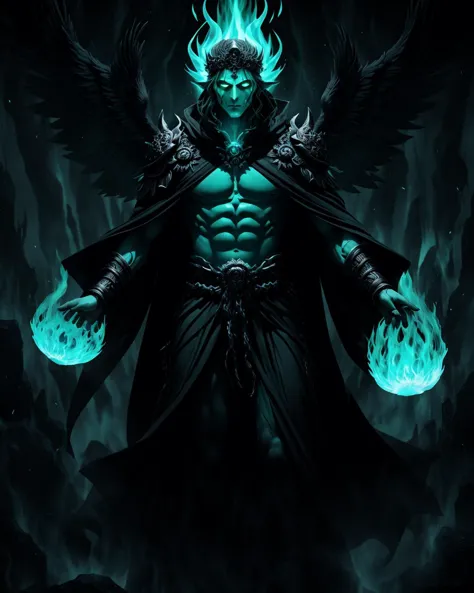 Hades, ethereal entity, Ancient god, god of the underworld, green flame, burning river, black runic robe, underworld background, no face, flaming  hands, epic, cinematic, HDR, high resolution, high detailed, waist-high, portrait, masterpiece