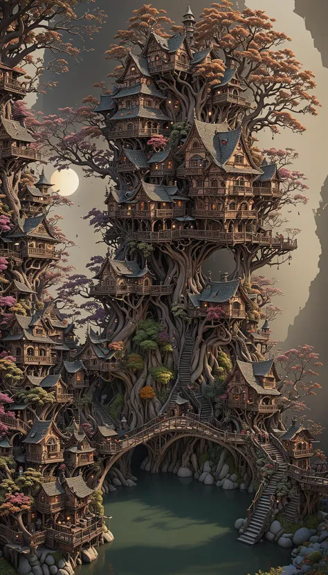 a wonderous and beautiful fantasy world with the Tree House Mansion Village, Multiple Bridges, sun, in the day, insanely detailed and intricate, hyper maximalist, elegant, hyper realistic, super detailed, vivid colours, sunrise, ornate, dynamic, articulate, 8K, <lora:3D_Framed_Wall_Art_-_By_DICE:0.6>, (Framed 3D, 3d Tree), EPIC,  Painstaking Attention To Detail, UHD