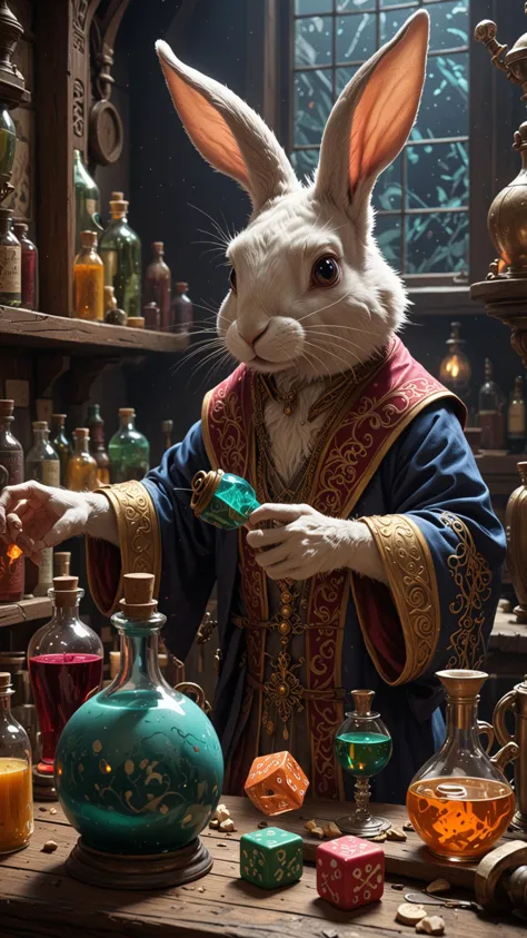 araffe dressed as a rabbit in a wizard's costume preparing to make a potion