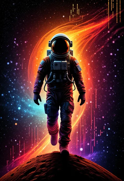 a man in an astronaut suit walking across a space with a bright background