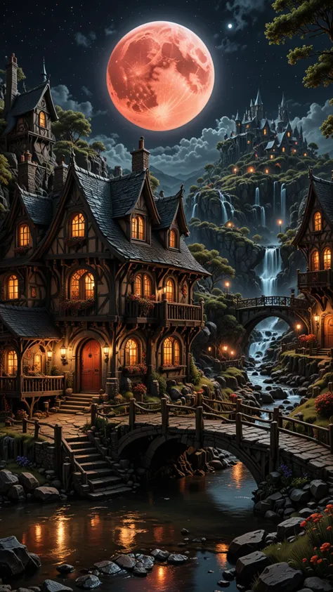 photorealism, intricate details, extremely detailed, masterpiece, masterpiece, Outstanding intricacies, best quality, hires textures, high detail, incredibly detailed, Cinematic Lighting, at night, A hobbits Mansion, River, Bridge, waterfall, Large Red Moon, intricately detailed, true masterpiece, UHD, vibrant neon, studio quality Overall Detail, Painstaking attention to details, Epic, UHD , <lora:3D_Framed_Wall_Art_-_By_DICE:1>. (3D Framed, Moon), (Use Dream Diffusion Secret Prompt)