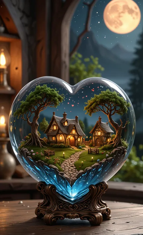 a heart shaped glass sculpture with a house inside of it