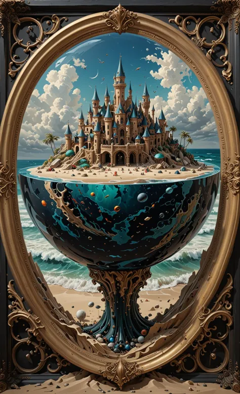 a close up of a painting of a castle in a frame