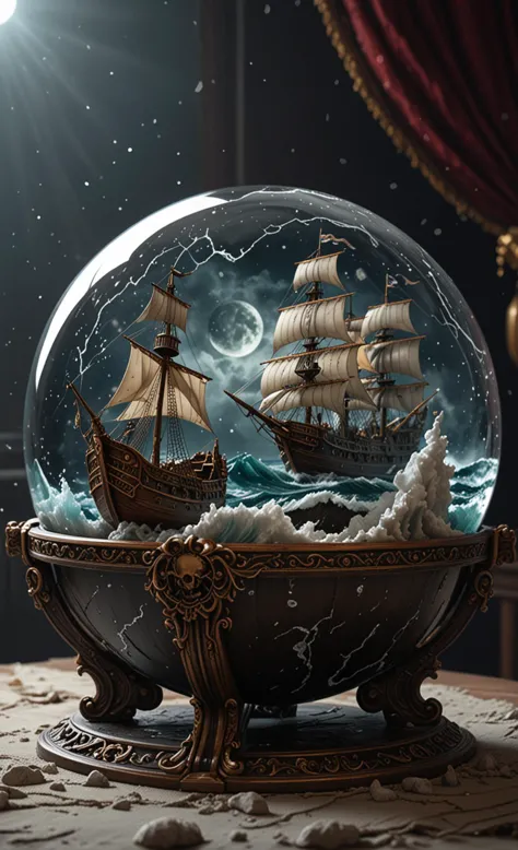 A  glass sphere sculpture, concealed inside the sphere is a large Pirate Ship in a Lightning storm, large waves, in the dark, de...