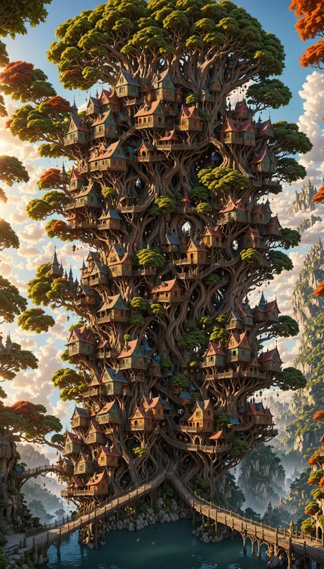 a wonderous and beautiful fantasy world with the Tree House Mansion Village, Multiple Bridges, sun, in the day, insanely detaile...