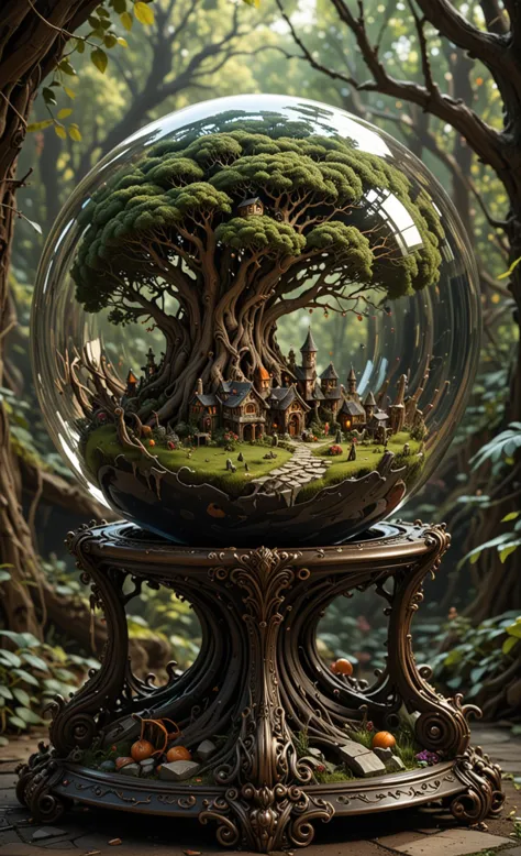 A  glass sphere sculpture, concealed inside the sphere is a Hobbits village, in the day, detailed image, 8k high quality detaile...