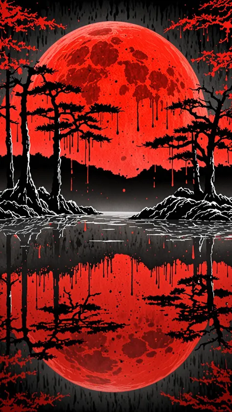 a red moon is reflected in the water of a lake