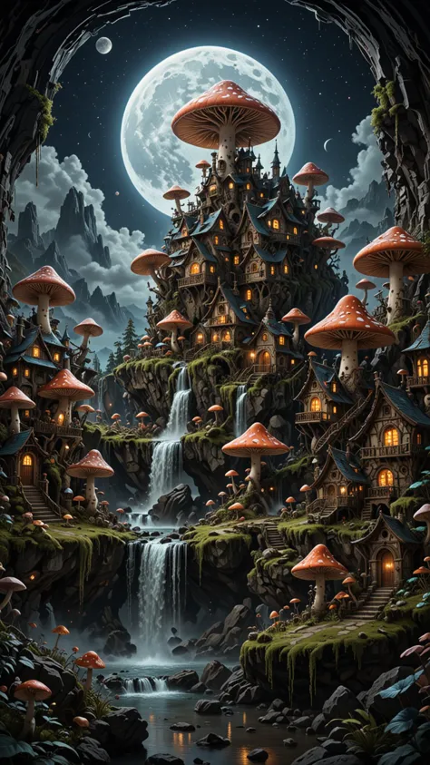 Huge Mushroom Village, houses, at Night, moon, Large waterfall, magnificent, celestial, ethereal, painterly, epic, majestic, magical, fantasy art, cover art, dreamy, insanely detailed and intricate, hyper maximalist, elegant, hyper realistic, super detailed, vivid colours, ornate, dynamic, articulate, 8K, <lora:3D_Framed_Wall_Art_-_By_DICE:0.8>, (Framed 3D), EPIC, high budget Hollywood movie, volumetric, Painstaking Attention To Detail, UHD