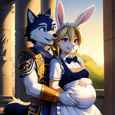 1boy and 1girl,boy hands on girl belly,  (boy looking at girl's belly:1.2)
(masterpiece:1.2), (highly detailed:1.2), (intricate:1.2), (best quality:1.2),(8k:1.2),
evening, summer cinematic light, vivid colors,
BREAK
(anthro male wolf) in (ancient greek armor), happy, (open mouth),(wide-eyed:1.3)
BREAK
(ootlink, rabbit head) in (maid uniform, long sleeves, bow, apron, maid, frilled apron), pink fur, (detailed fluffy fur:1.2), (long whiskers), long rabbit ears, (long rabbit snout:1.4), (detailed blonde hair:1.2), blue eyes, (grin:1.2), pregnant
<lora:ootlink-nvwls-v1:1>