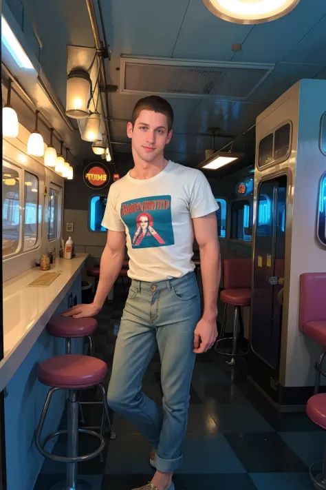 man sc_aaron4 <lora:sc_aaron4-07:0.75> modeling in a retro diner at midnight, wearing classic rock t-shirt and pants, vintage ju...