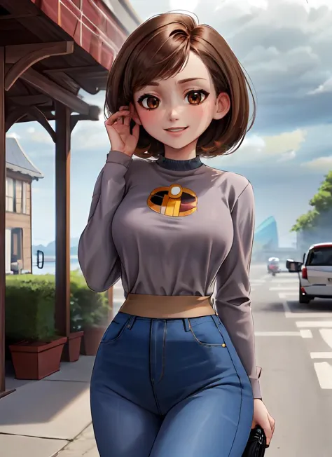 ((best quality)), ((highly detailed)), masterpiece, detailed face, beautiful face, , (1girl), <lora:Adjusting hair & Hair Tucking b:1>, adjusting-one-hand, hand up, hand in own hair, cowboy shot, <lora:hairdetailer:.6>, <lora:HelenParr:.9>, helenparr, brown hair, brown eyes, ((narrow waist)), smiling, ((grey plaid shirt)), long sleeves, jeans, shoes, (outside, in a palace, afternoon, storm)