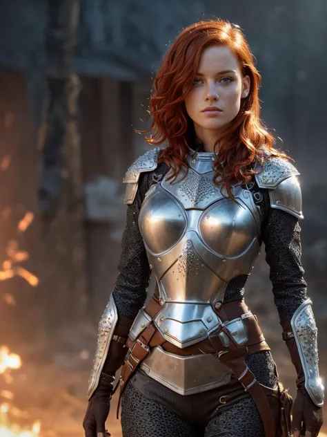 a woman in armor standing in front of a fire