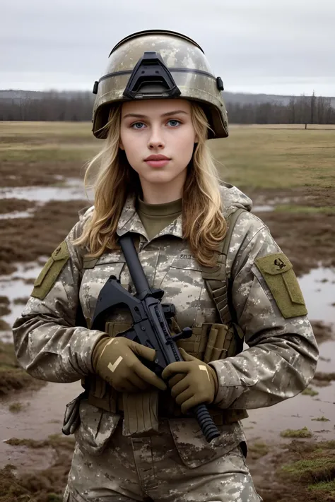 best quality, masterpiece, portrait of <lora:opt-graciedzienny:1>opt-graciedzienny, dressed in camouflage military fatigues  and...