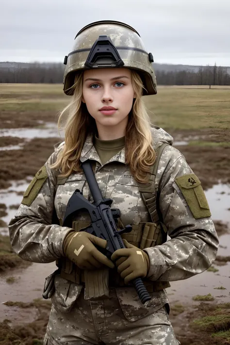 melhor qualidade, obra de arte, retrato de opt-graciedzienny, vestido com uniforme militar camuflado e capacete, turvar, on turvar battlefield