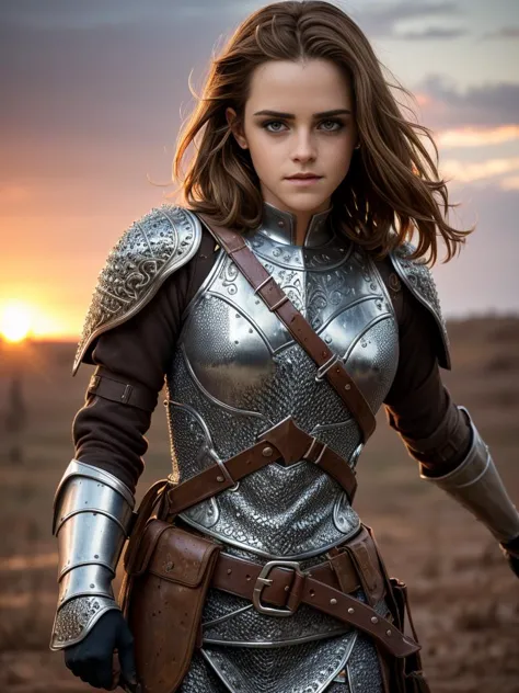 a woman in armor standing in a field with a sunset behind her