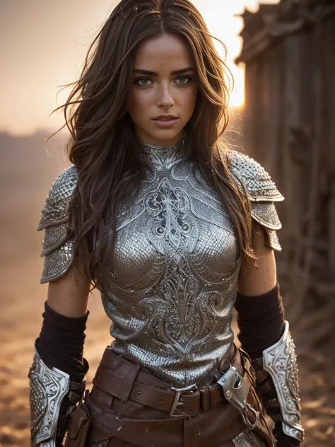 a woman in armor poses for a photo in the desert