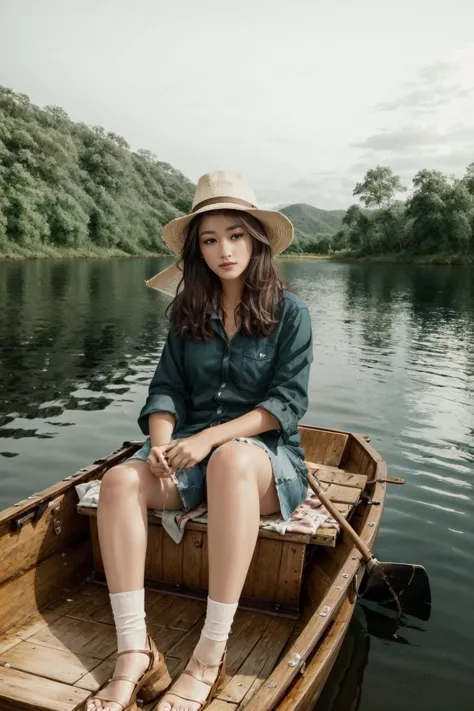 <lora:opt-lizasoberano:1> opt-lizasoberano , brown hair, brown eyes, sitting in a rowboat in the middle of a calm lake