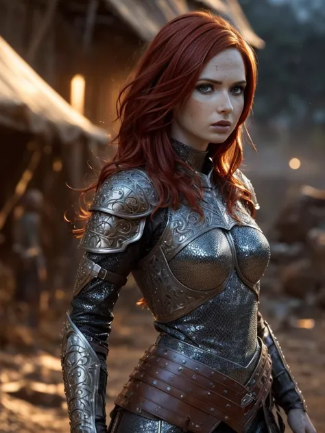 Foto de cuerpo entero de Karen Gillan con cabello rojo, blue eyes, la mas bella del mundo, ojos súper detallados, (pecas:0.99), (armadura de cota de malla de filigrana dañada), (suciedad and lodo on skin and armor), suciedady, lodody, Sangre, fumar, fuego, Al aire libre, intensa luz de la luna, campo de batalla, lodo, suciedad, Fotografía profesional detallada de una mujer deslumbrante., perfecto bobbed sexy intense hair, enfoque nítido, dramático, premiado, iluminación cinematográfica, volumétrica dtx, (grano de la película, fondo borroso, primer plano borroso, bokeh, profundidad de campo, perfecto (Noche), interacción, cota de malla perfecta), (obra maestra), (extremadamente intrincado:1.3), (Realista), hdr+