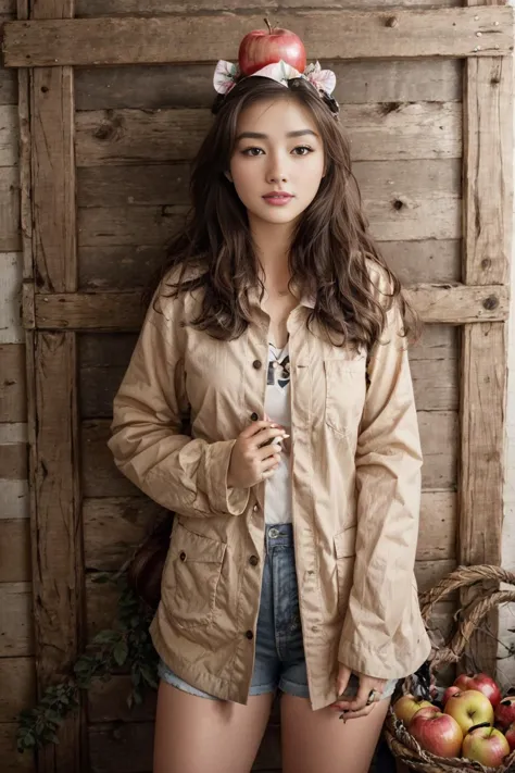 A woman with an apple balanced on her head standing in front of an archery target, <lora:opt-lizasoberano:1> opt-lizasoberano , brown hair, brown eyes, apple on head, archery target behind her