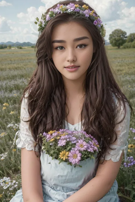 opt-lizasoberano , cabelo castanho, Olhos castanhos, colhendo flores em um campo de flores silvestres, dia ensolarado e bonito de verão, grama verde, céu azul