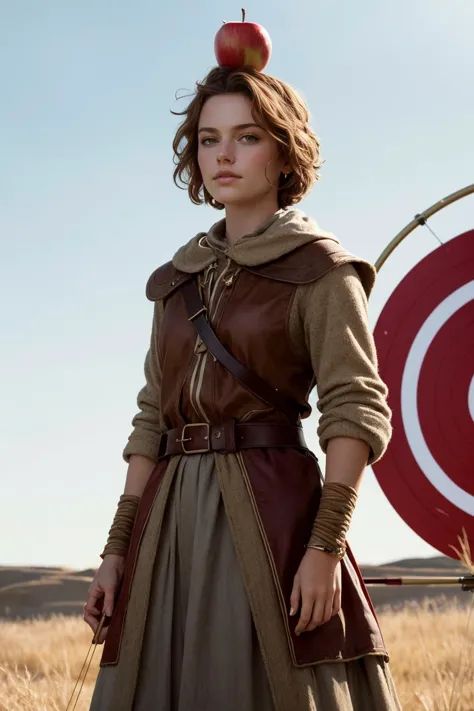 A woman with an apple balanced on her head standing in front of an archery target, emb-daisy, short brown hair, light brown eyes...